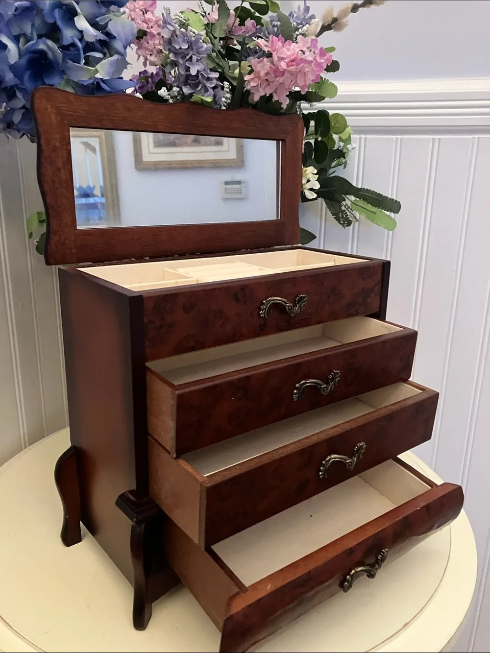 Classic Wood Jewelry Chest in Rich Brown Flip Up Top Mirror & 3 Drawers